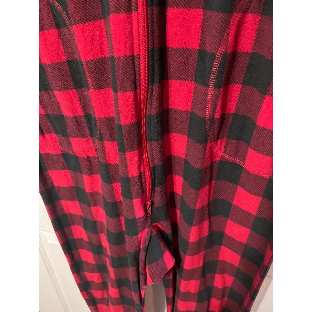 Family PJs Macys Mens M Buffalo‎ Plaid Fleece Hooded Union Suit One Piece Red